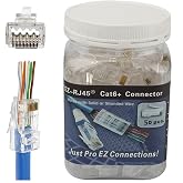 RJ45 Cat6A Cat6 Pass Through Connectors 50Pack 23AWG End Bold Ethernet 8P8C Gold Plated Modular Plug for Unshielded Twisted Pair Solid Wire Standard Cables