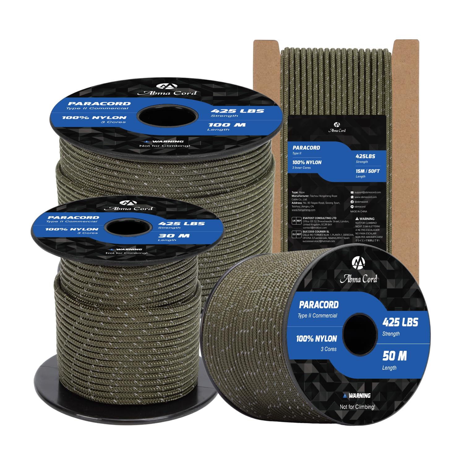 Abma Cord Paracord 3mm 100m 100% Nylon Rope Type II 3 Strands Parachute Cord - Max. 192kg (425lbs) - Reflective Army Green