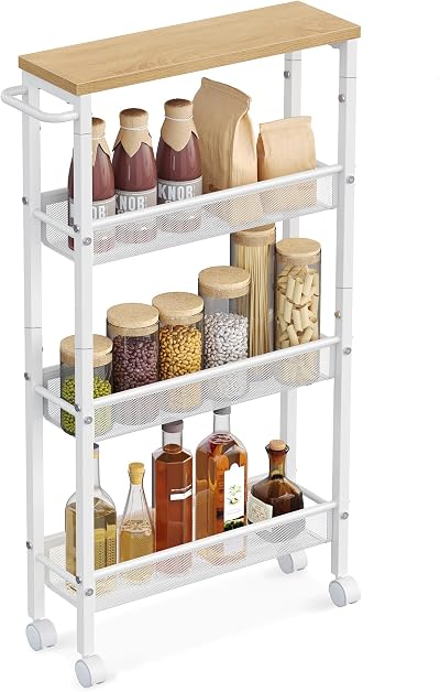 VASAGLE 4-Tier Kitchen Cart Oak White 13 cm Deep Trolley with Castors