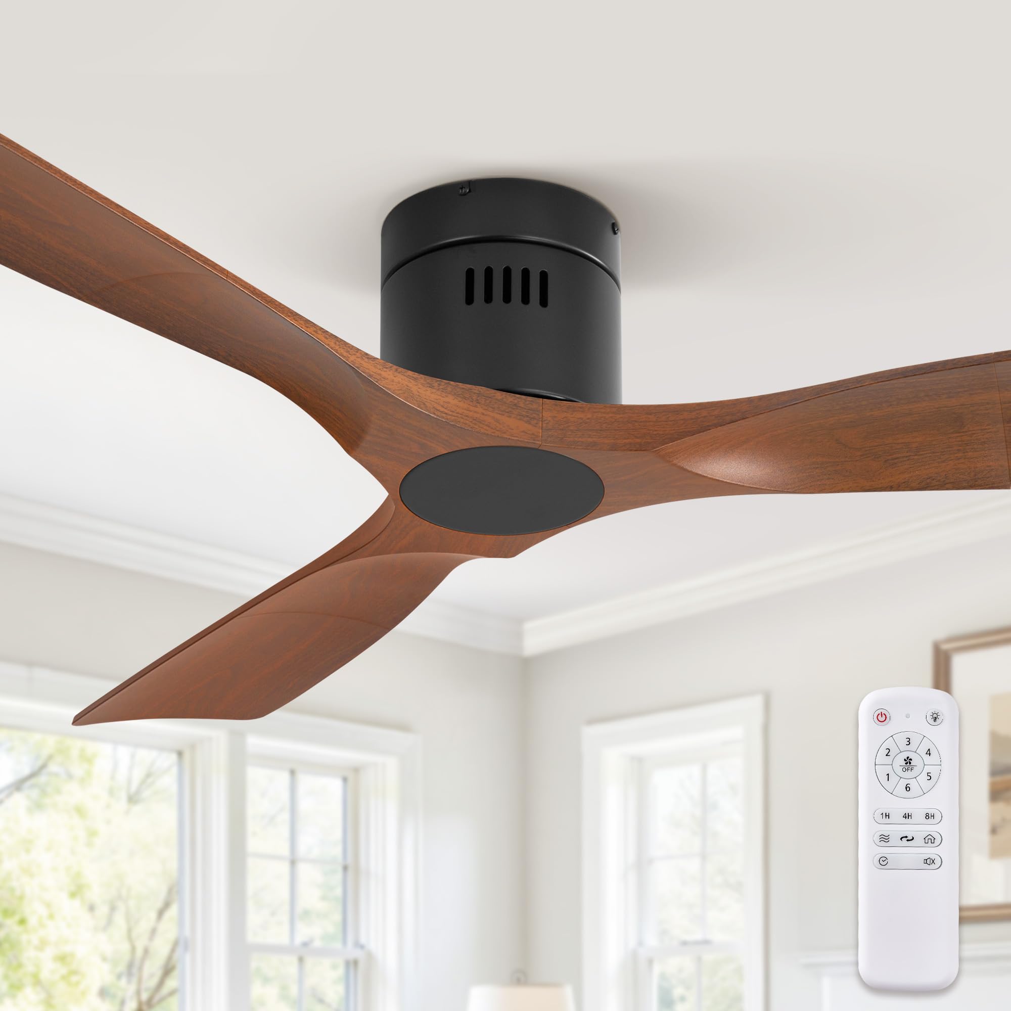 Photo 1 of Fanbulous 52" Ceiling Fans Without Lights, Flush Mount Ceiling Fan with Remote Control Modern,Low Profile Ceiling Fans with 6-Speeds Reversible DC Motor for Patio Living Room Bedroom(Walnut)