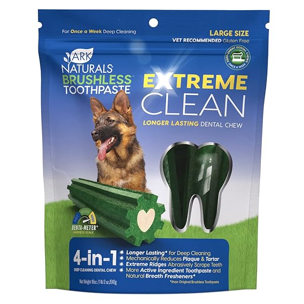 ARK NATURALS EXTREME CLEAN BRUSHLESS TOOTHPASTE FOR LARGE BREEDS, 18 OZ BAG, LONG-LASTING DOG DENTAL CHEW WITH TOOTHPASTE CENTER, FRESHEN BREATH, REDUCE PLAQUE & TARTAR