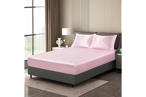 YASMENG Pink Twin Satin Fitted Sheets Only, 1pc Cooling Smooth Imitated Silk Single Bottom Fitted Sheet with Elastic Deep Poc