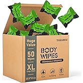 YAKAMOZ Large Body Wipes for Adults Bathing, Individually Wrapped Personal Hygiene Body Wipes for Women, Men and Elderly Disposable Washcloths for Bathing, Camping (Unscented 50 Counts)