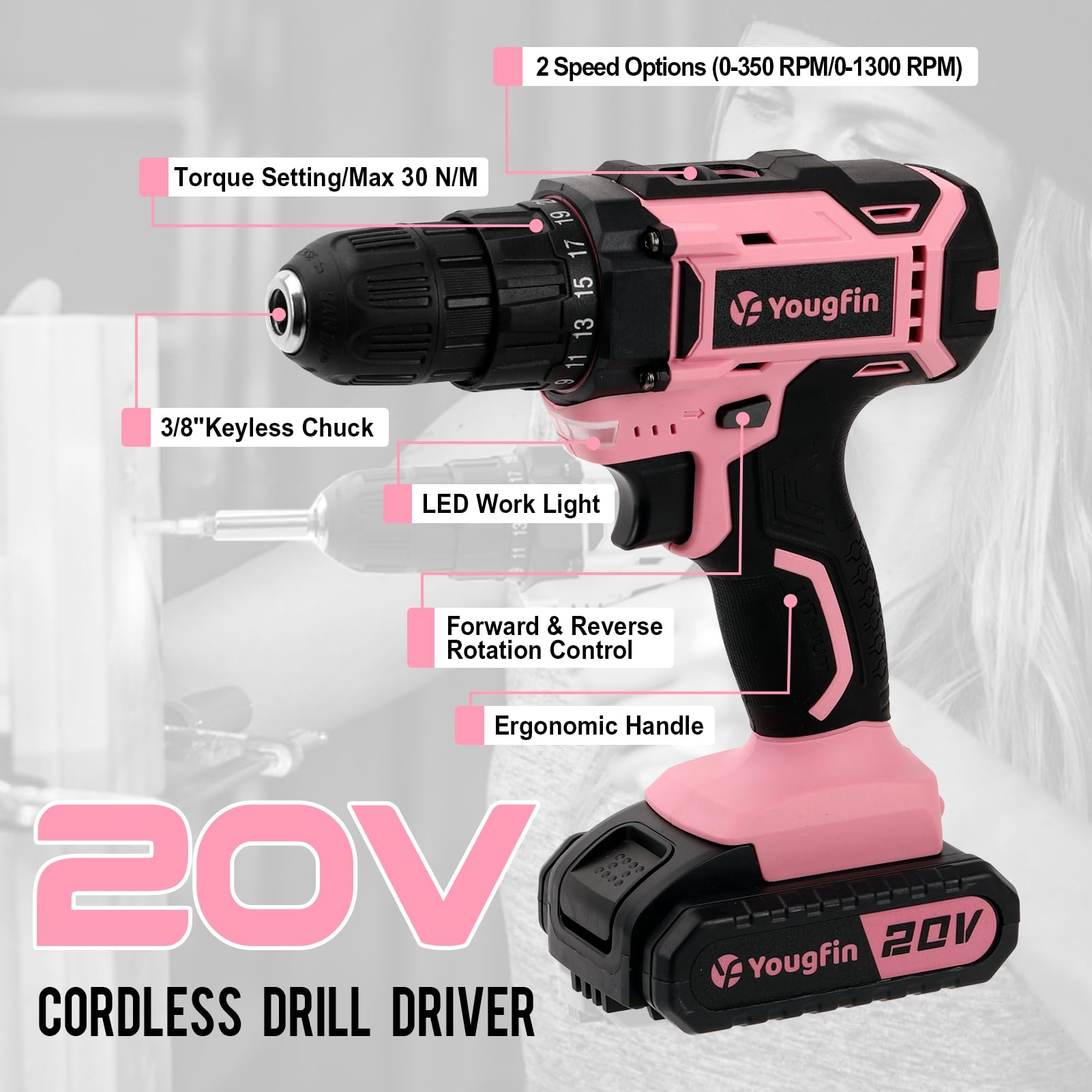 Yougfin Cordless Drill Set, 20V Power Drill Driver With Battery & Charger, 3/8'' Keyless Chuck, Variable Speed, 25+1 Torque Setting, Pink & Black