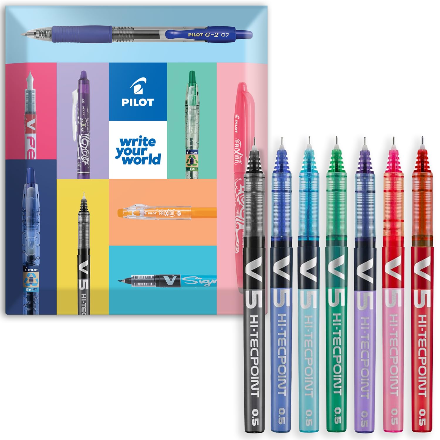 PILOT V5 Hi-Tecpoint Rollerball Pen - Fine 0.5mm Nib - Pack of 7 in Envelope Gift Packaging - Black, Blue, Light Blue, Green, Violet, Pink, & Red Ink