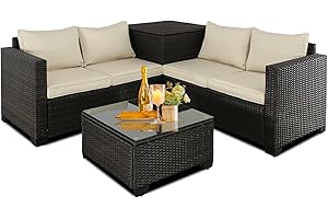 BPTD Patio Furniture Set Outdoor Furniture Set Sectional Sofa Couch PE Wicker Conversation Sets with Storage Box Glass Top Table for Balcony Lawn and Garden ﻿ (Mix Brown-Beige, Couch Set)
