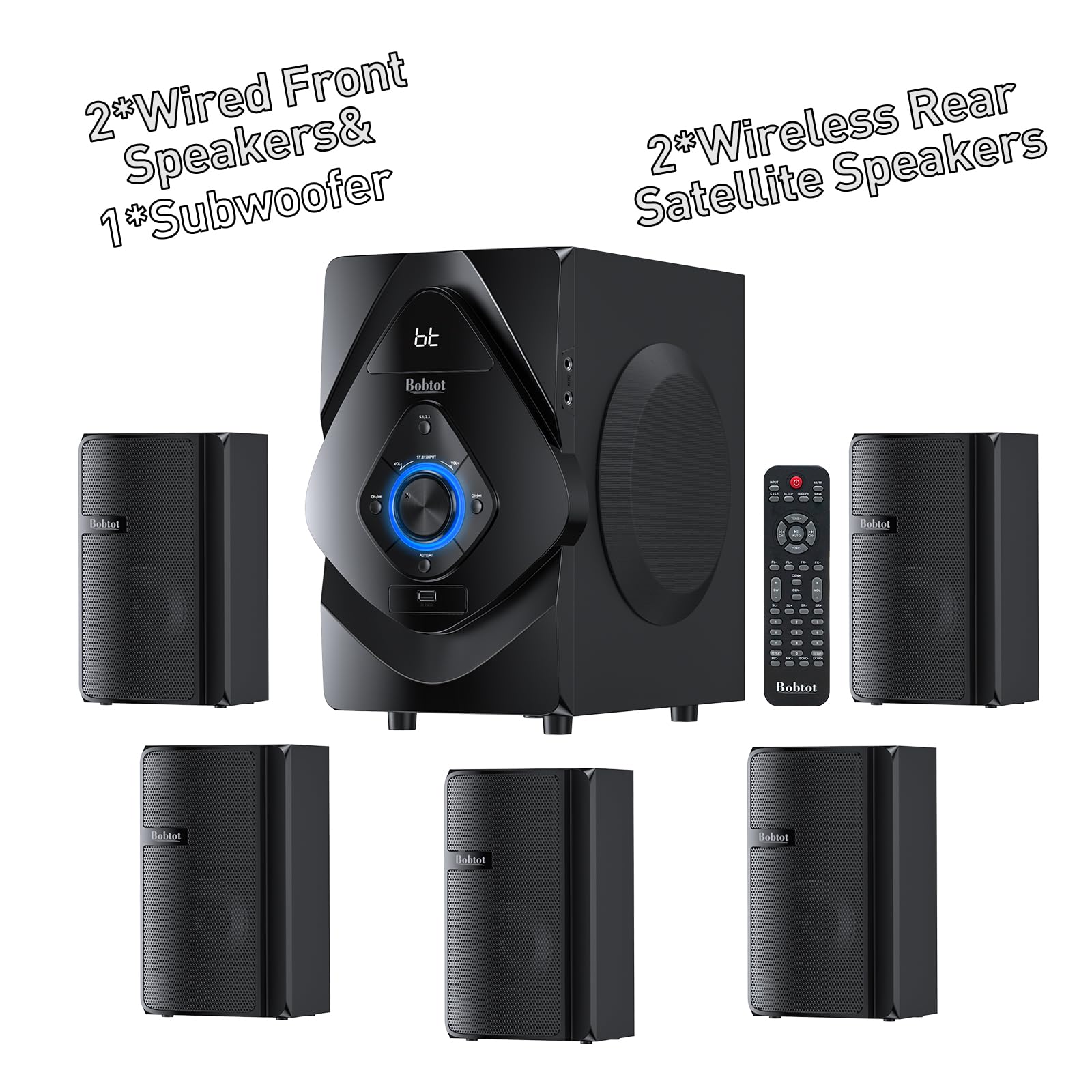 Bobtot Home Theater System Wireless Rear Satellite Speakers 800W 6.5inch Subwoofer 5.1/2.1 Channel Surround Sound Systems with HDMI ARC Optical Bluetooth Input