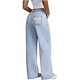 MakeMeChic Women's High Waist Denim Pants Bow Wide Leg Baggy Y2K Jeans Trousers with Pocket