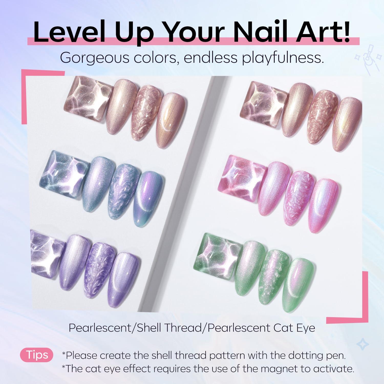 Modelones Pearl Gel Nail Polish, 6 Colors Shimmer Cat Eye Magnetic Nail Drawing Set with Magnet, Iridescent Mermaid Swirl Shell Thread Purple Pink Blue Glitter, Summer DIY Manicure Gift for Women Girl - Image 2