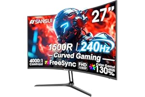 SANSUI 27 Inch Curved 240Hz Gaming Monitor FHD 1080P, 1500R Curve Computer Monitor, 130% sRGB, 4000:1 Contrast, HDR, FreeSync, MPRT 1Ms, Low Blue Light, HDMI DP Ports, Metal Stand, DP Cable Incl.