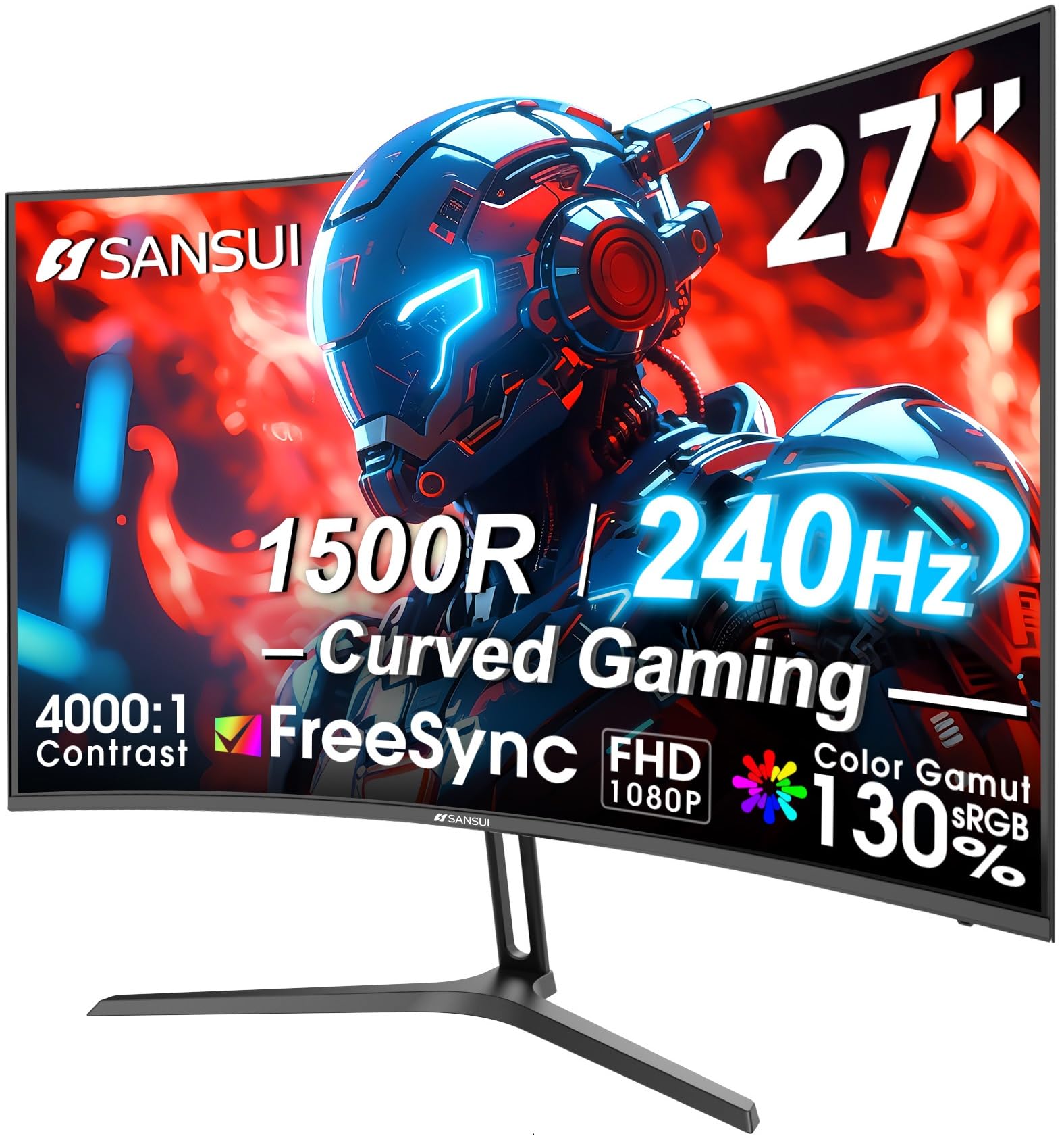 Photo 1 of ***CRACKED SCREEN*** SANSUI 27 Inch Curved 240Hz Gaming Monitor FHD 1080P, 1500R Curve Computer Monitor, 130% sRGB, 4000:1 Contrast, HDR, FreeSync, MPRT 1Ms, Low Blue Light, HDMI DP Ports, Metal Stand, DP Cable Incl.
