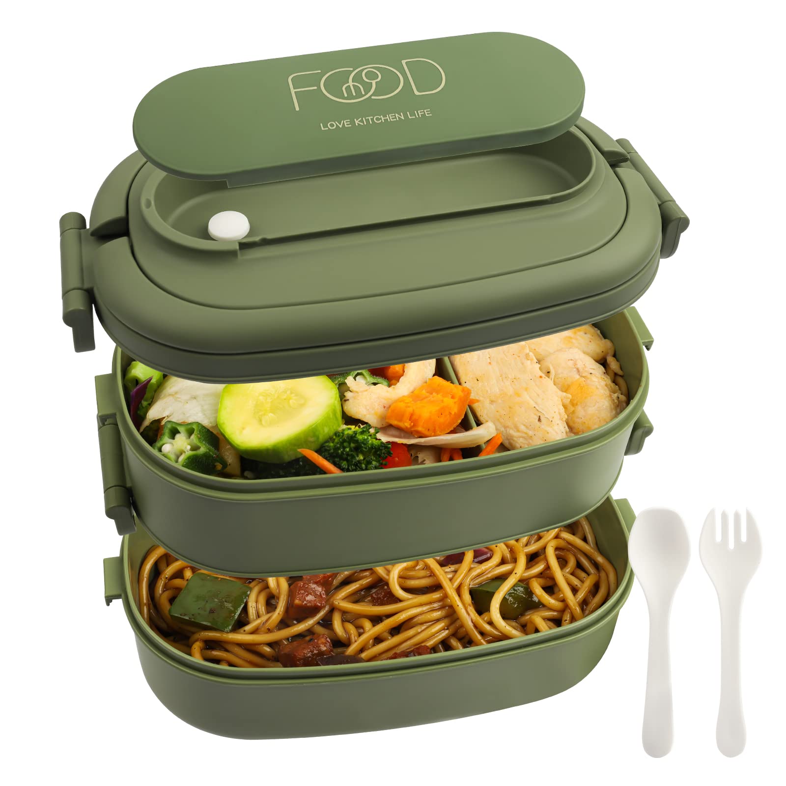 OITUGG 2 Layer Lunch Box, 1550ml Lunch Box for Adults, 3 Compartments Bento Lunchbox with Spoons and Forks, BPA-Free, Microwave Safe, 54.55 oz Capacity, Size 19.2x11.5x12cm, Green