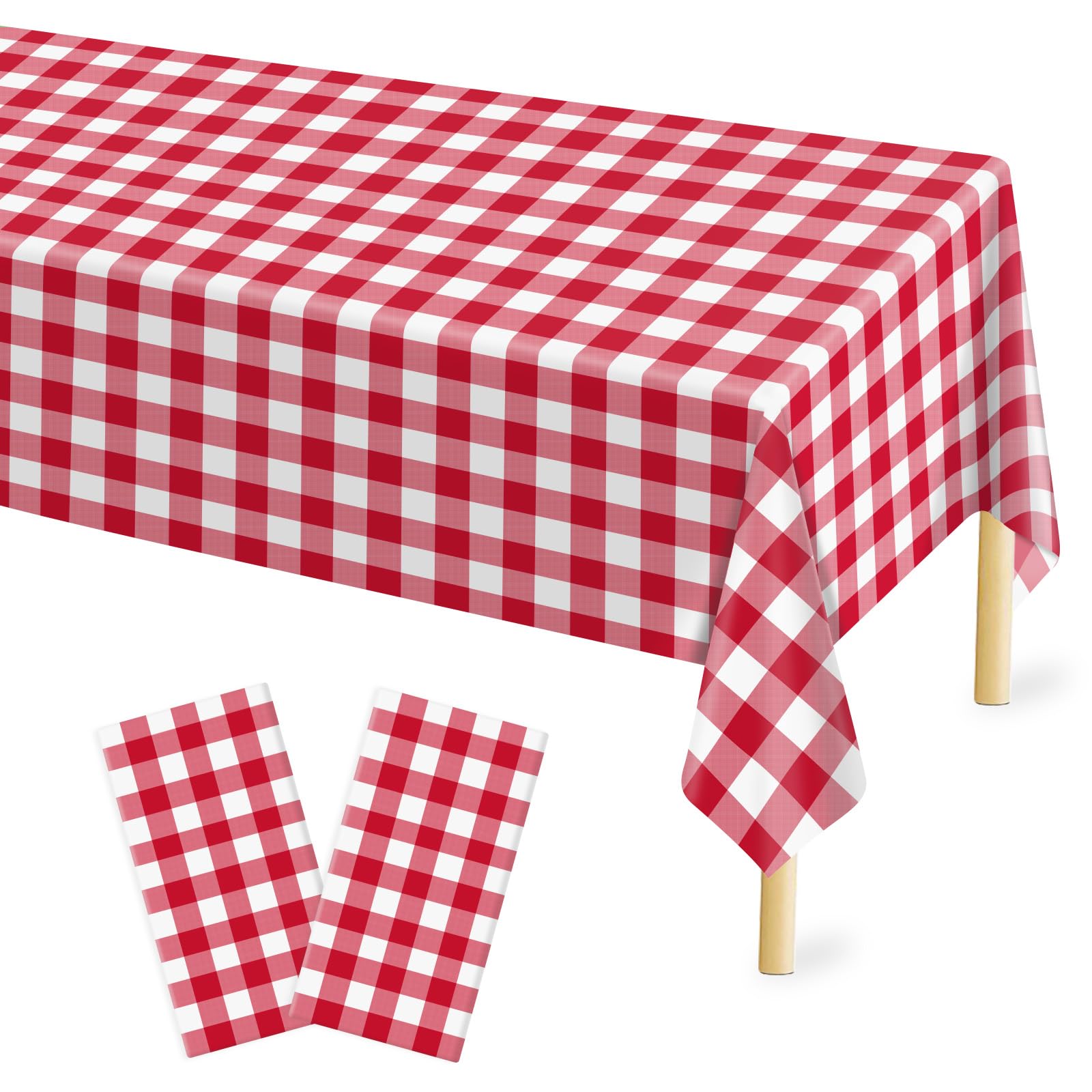Photo 1 of Mulbozy 2 Pcs Red and White Checkered Tablecloth, 54 × 108 inches Disposable Red Plaid Table Covers Plastic Gingham Tablecloth for Outdoor Picnic Birthday Baby Shower Holdiay Party Decoration