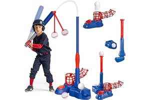 imagifun 4 in 1 T Ball Set, Kids Baseball Tee for 3-5,5-8, Batting Tee, Toddler Hanging Golf Set Toys, 6 Ball Retractable Bat, Pitching Machine,Outdoor Sport Toy for Boy (Blue)