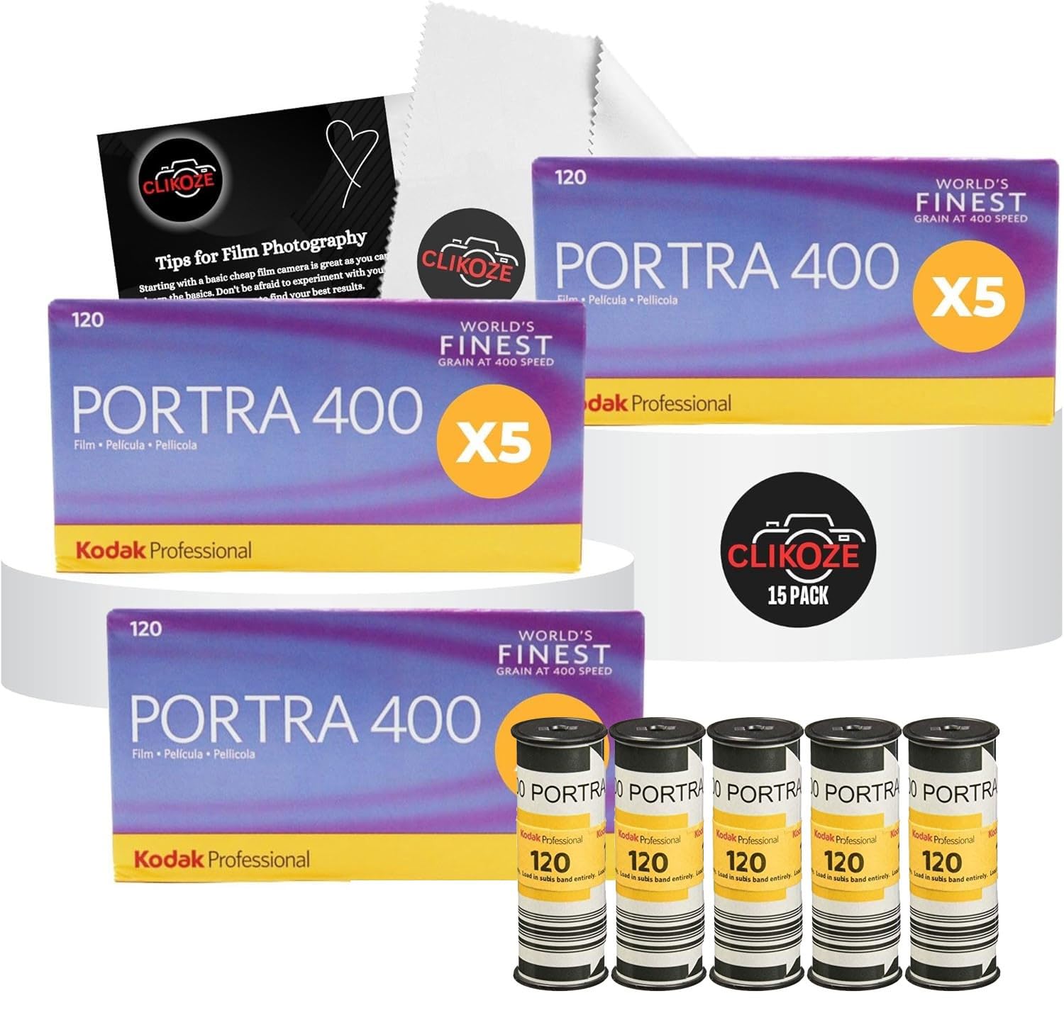 Reusable Film Camera Bundle with Kodak Portra 400 120 5 Pack Colour Negative Film x 3 and Clikoze Photography Tips Card