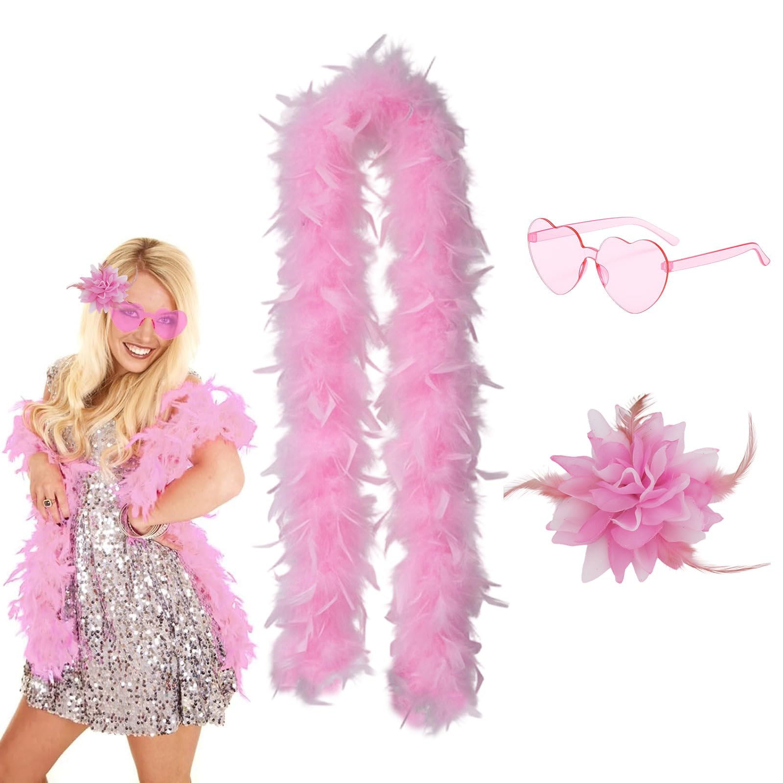 3-Piece Feather Boa, Pink Feather Boa, Pink Boa, Pink Feathers with Glasses and Flower Headband, Set for Costume Party