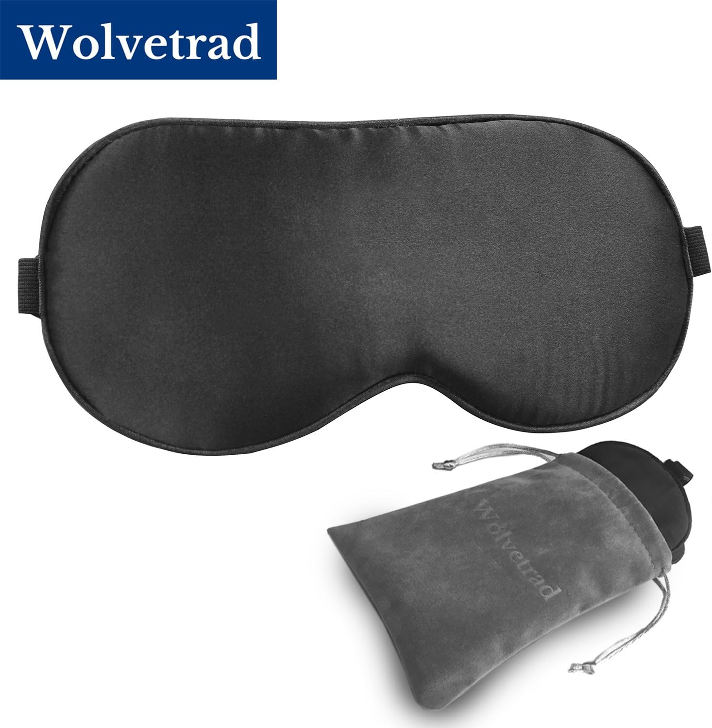Sleep Mask, WOLVETRAD Blindfold, Gift Carry Pouch Included Natural Silk Super Smooth Eye Mask for Sleep with Adjustable Strap (Large, Black)