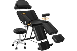 KIIUMI Tattoo Chair for Artist, Esthetician Facial Bed with Adjustable Armrests & Headrest, Split Legs Design Professional Tilting Massage Table with Stool for Eyelashes Spa Tattoo Studio, 440lbs, Black