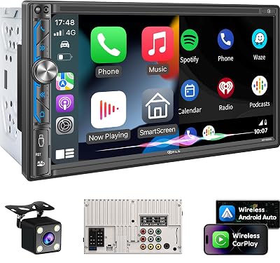 PLZ 7" Wireless Double Din Car Stereo Apple Carplay Radio Screen for Car Audio Receivers, Bluetooth 5.3 Car Play Android Auto Touchscreen, 240W 4.2 CHN 2 Subwoofers Outputs, Backup Camera, SWC, FM/AM