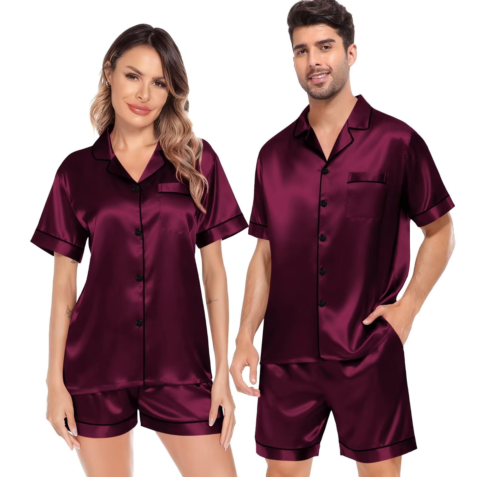 Photo 1 of SWOMOG Satin Matching Pajamas Sets Couple Silk Button Down Nightwear Women & Men Short Sleeve Sleepwear 2 Pieces Loungewear Dark Wine Red