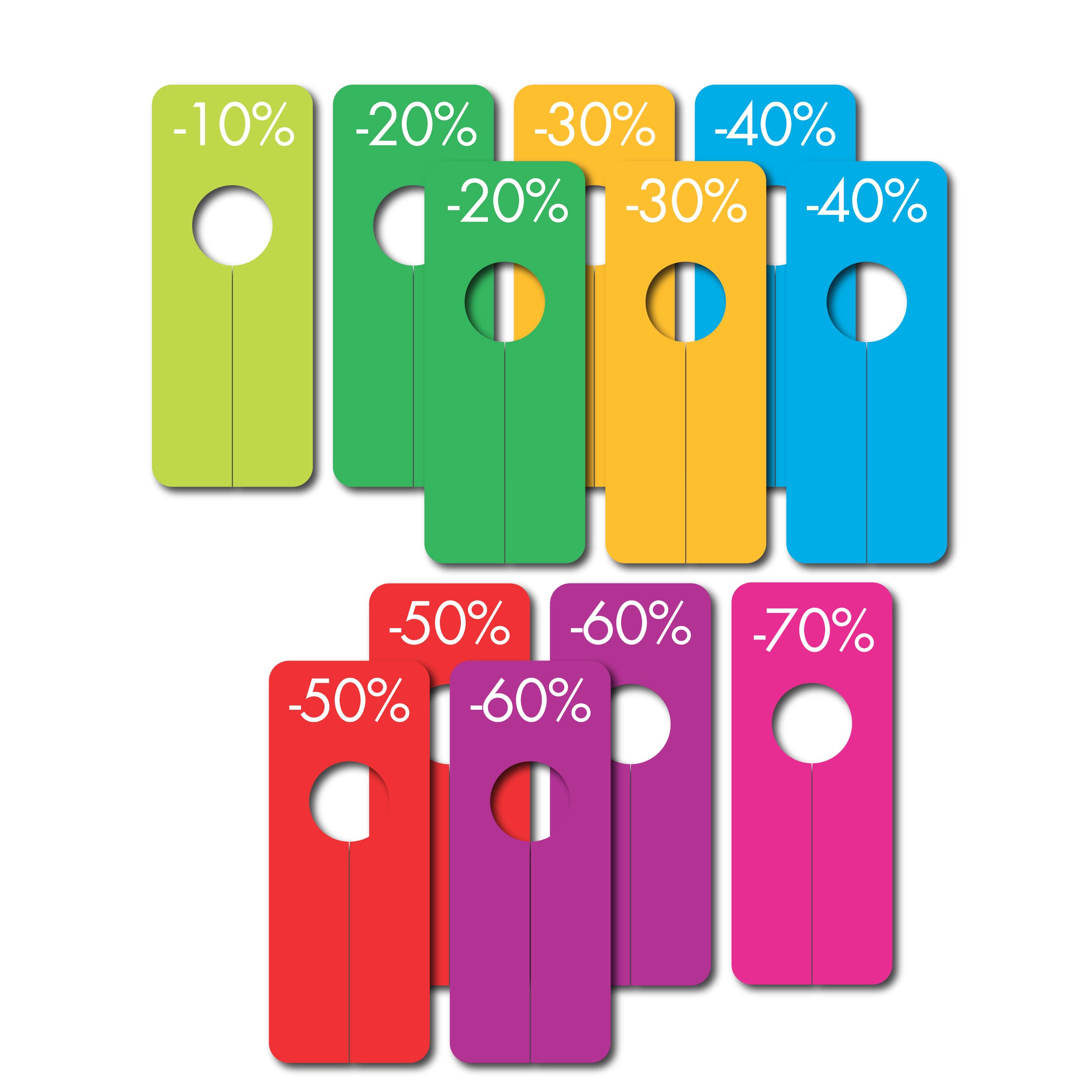 Affichesstore Postersstore 30500-12 Discount Dividers 20x8cm Hole Ø 4cm Cardboard Labels Various colors 10% 20% 30% 40% 50% 60% 70%