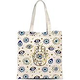 ATHAND Evil Eye Canvas Tote Bag with Zipper Inner Pockets,Reusable Shopping Bags,Aesthetic Grocery Bags, Gifts For Women Mom