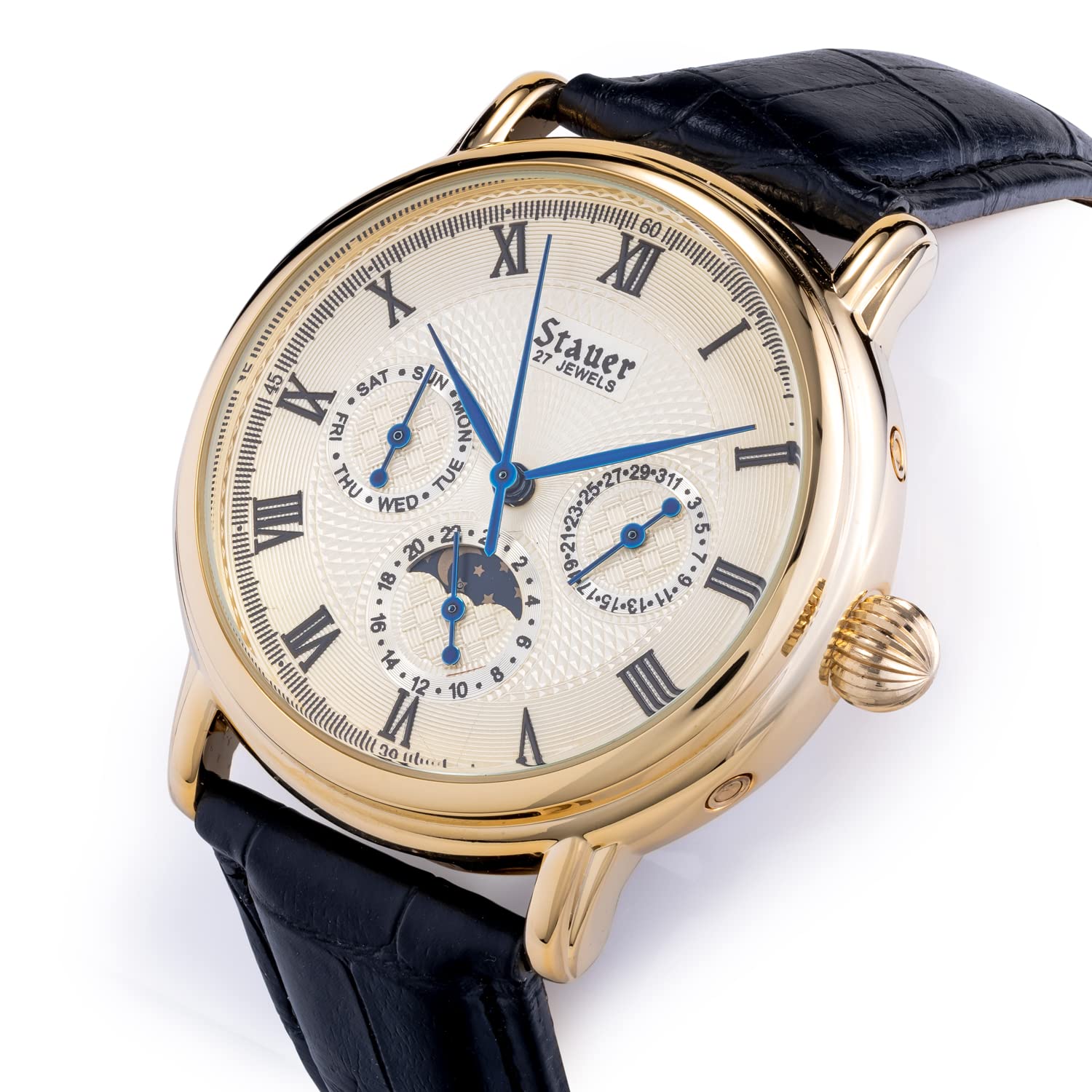 Stauer Magnificat II Automatic Watch for Men - 3 Interior Day, Date & 24-Hour Clock Dials - Stainless Case & Black Leather Band - Water Resistant