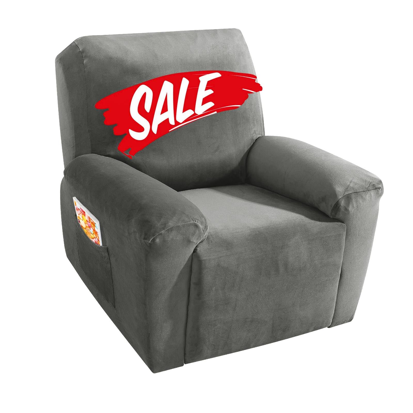 MAXIJIN Velvet 4 Piece Recliner Cover Stretch Plush Soft Cover for Recliner Chair Thick Soft Recliner Chair Slipcover Separate Chair Cover for Recliner with Side Pocket (Recliner, Gray)