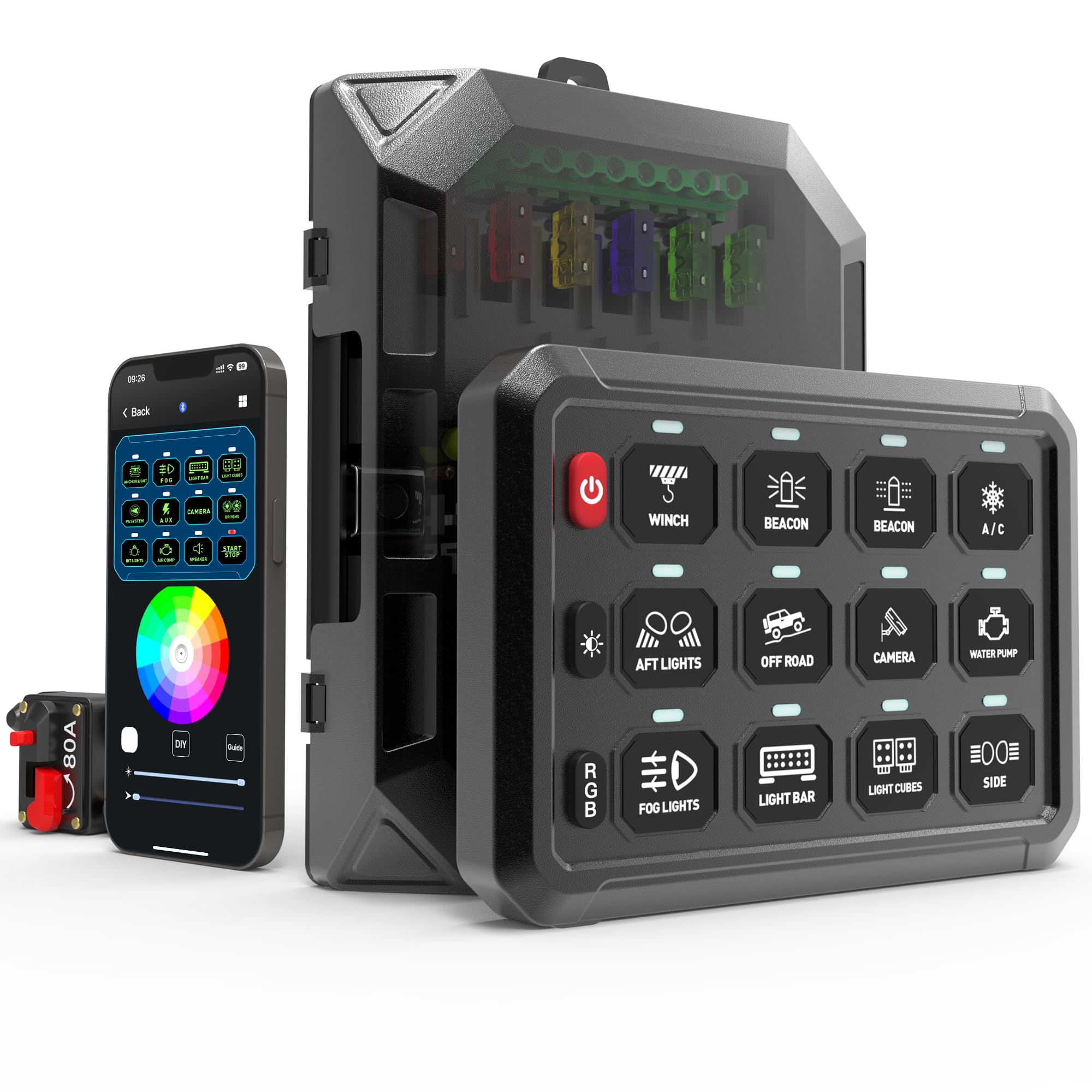 Photo 1 of RGB 12 Gang Switch Panel, Marine Switch Panel Box, Multifunction Offroad Light Switch Panel, Wireless Auxiliary LED Switch Pod for 12V/24V Car Truck Jeep SUV Boat Marine, Waterproof, Phone Control