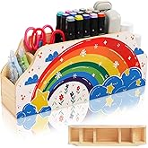 ELFULLY Rainbow Wood Pen Holder for Desk, 5-Slot Desk Organizers, Cute Pencil Holder, Office School Supplies Storage, Desktop Storage Caddy for Teacher Appreciation, Birthday Gifts, Makeup Brush