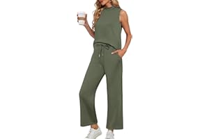 Lepunuo Two Piece Sets for Women Summer Mock Neck Sleeveless Top Wide Leg Pants Lounge Sets Vacation Travel Outfits