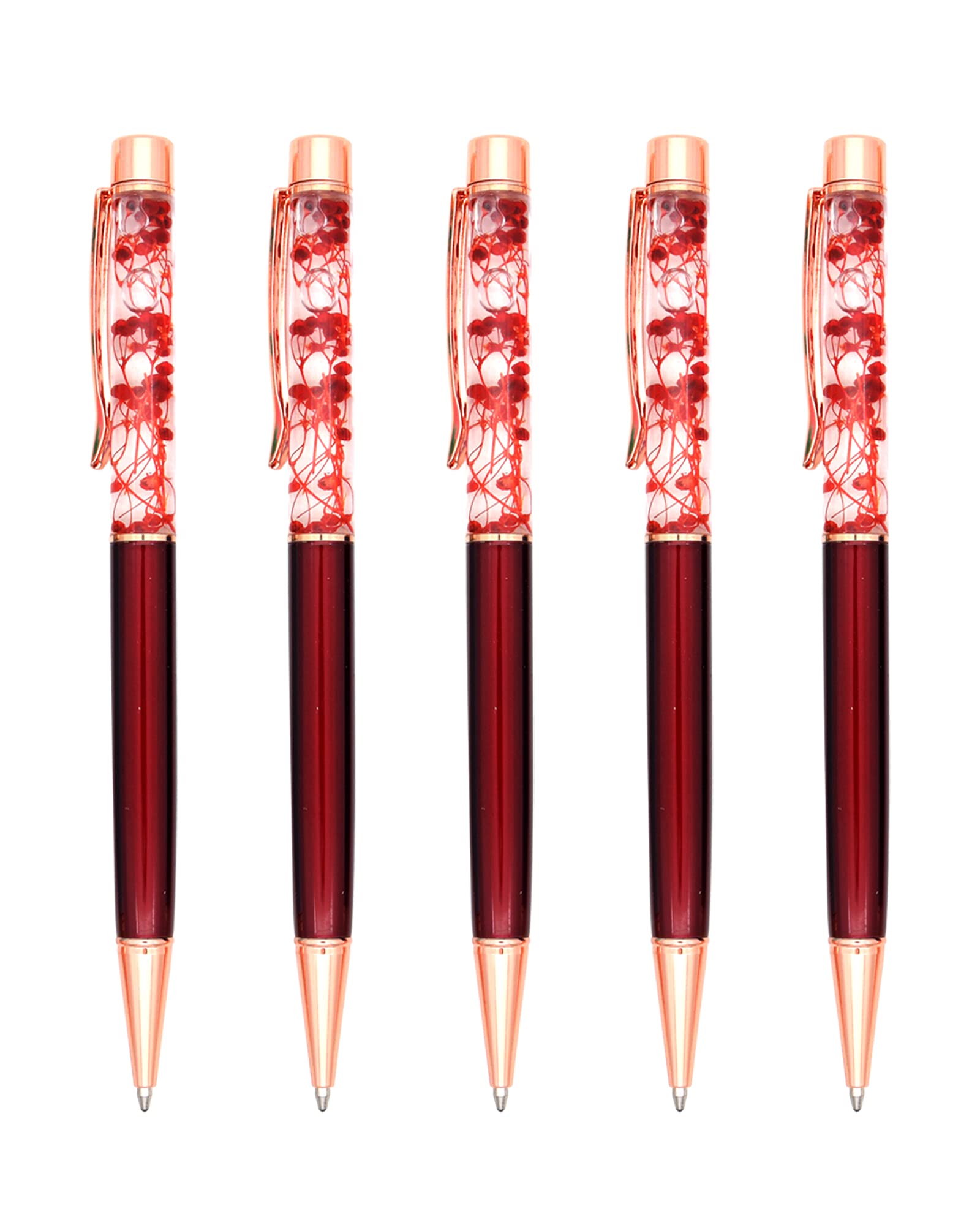 Gullor 5 Pieces Floral Ballpoint Pen Metal Flower Pen Dynamic Liquid Flower Pen, Black Ink, Red
