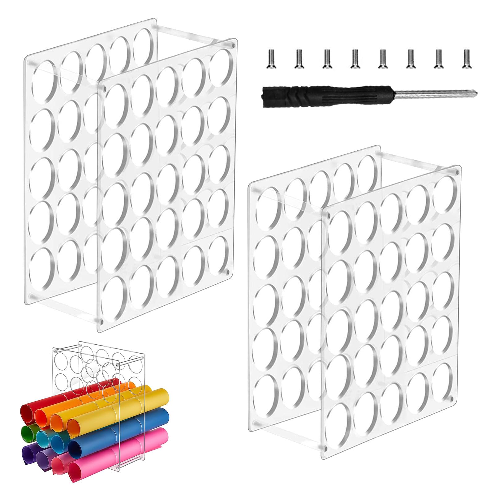 Qivine 2 Pack Vinyl Roll Holder with 50 Large Holes, 30.5 x 30.5cm Acrylic Vinyl Storage Rack DIY Craft Organizer Transparent Display Stand for Vinyl Sheets, Wrapping Paper, Paintings