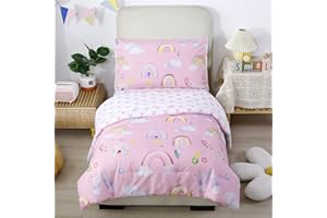 URBONUR 4-Piece Toddler Bedding Set - Ultra Soft Colorful Rainbow Cloud on Pink Girls Toddler Comforter Set - Include Comforter, Flat Sheet, Fitted Sheet and Reversible Pillowcase