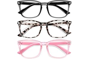 Okany Blue Light Gla-sses for Kids 3 Pack Blue Light Blocking Gla-sses for Girls Boys Computer Gaming Screen Gla-sses, Anti Glare Eyestrain Teen Fashion Gla-sses Age 3-10 (Grey Black+Leopard+Pink)