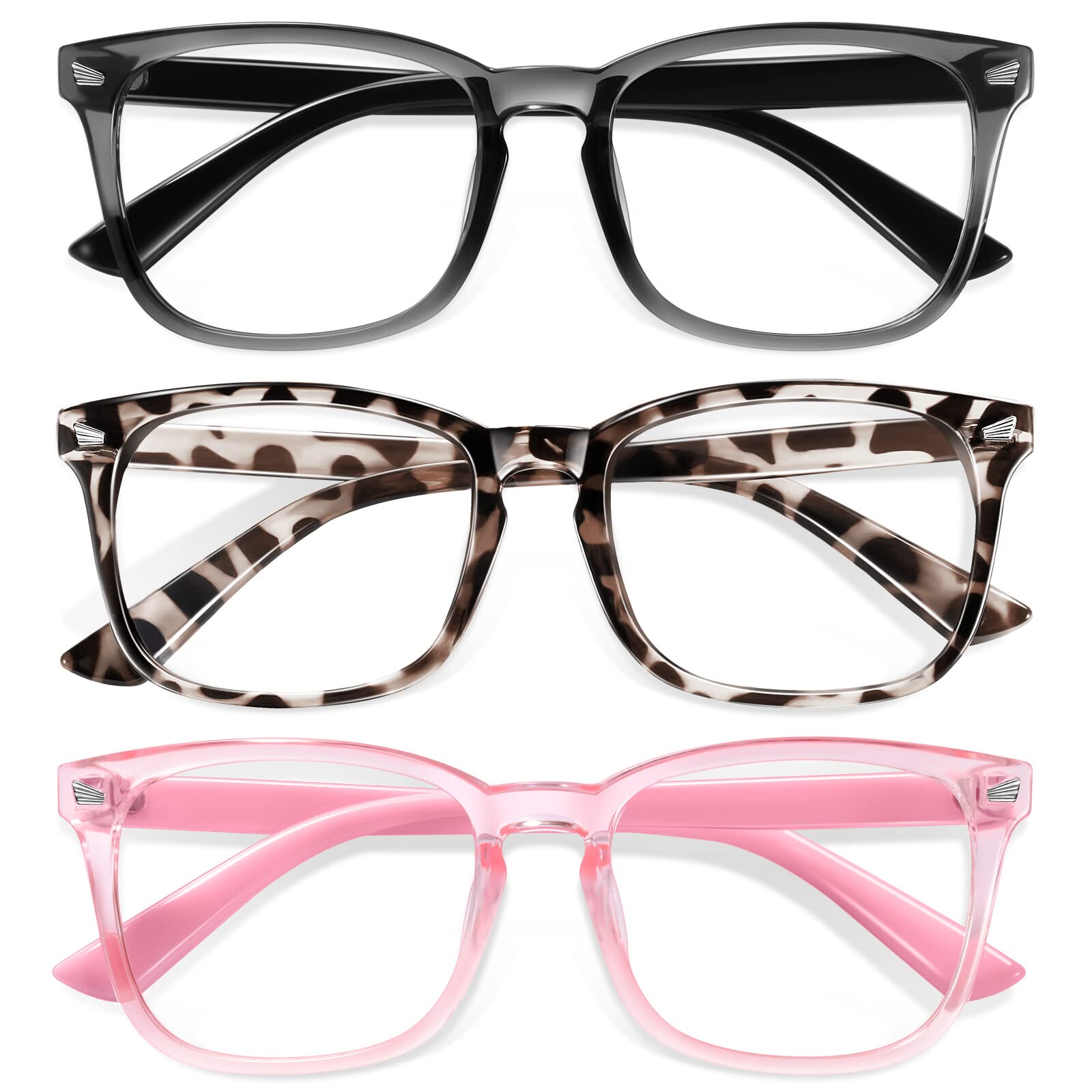Photo 1 of Okany Blue Light Glasses for Kids 3 Pack Blue Light Blocking Glasses for Girls Boys Computer Gaming Screen Glasses, Anti Glare Eyestrain Teen Fashion Glasses Age 3-10 (Grey Black+Leopard+Pink)