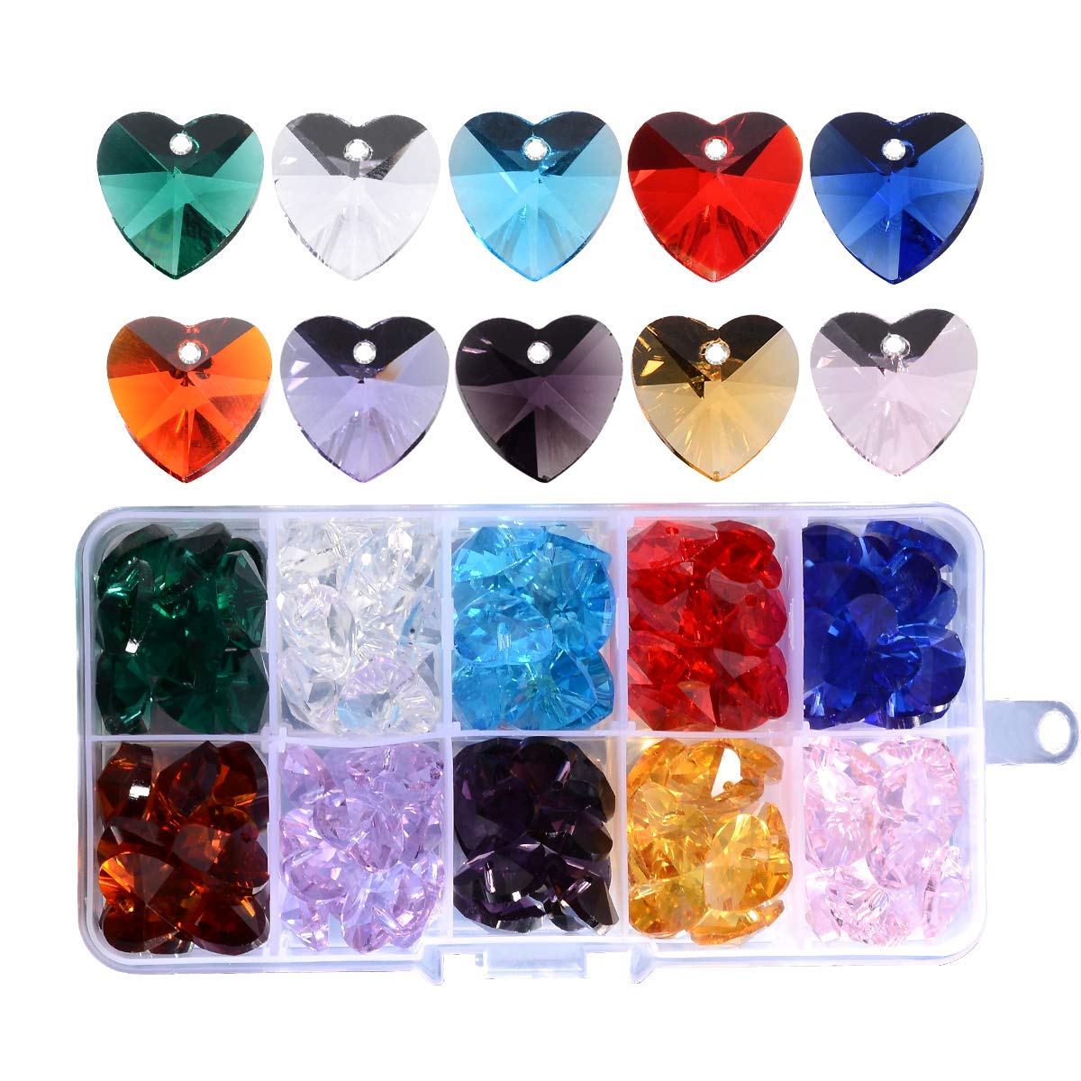 Photo 1 of 100pcs Crystal Heart Shaped Beads - LONGWIN 14mm Multicolor Glass Spacer Beads for Necklaces, Bracelets, Earring with Storage Box