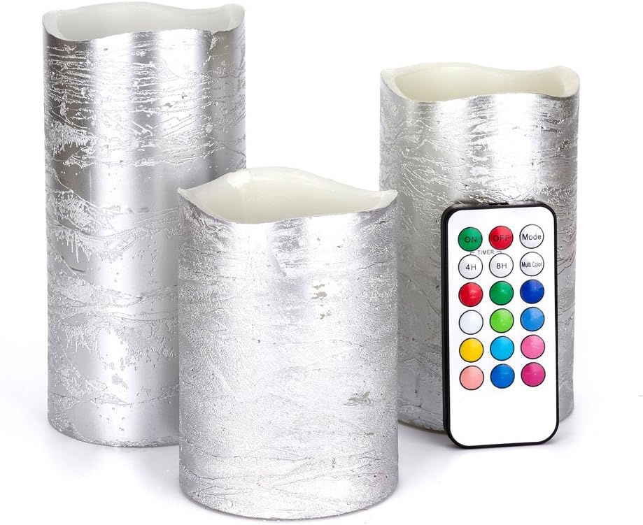 Flameless Led Candles,Battery Operated Candles 4" 5" 6"Set of 3 Silver Real Wax Pillar LED flames and 18-key Remote Control with 24 Hours Timer3