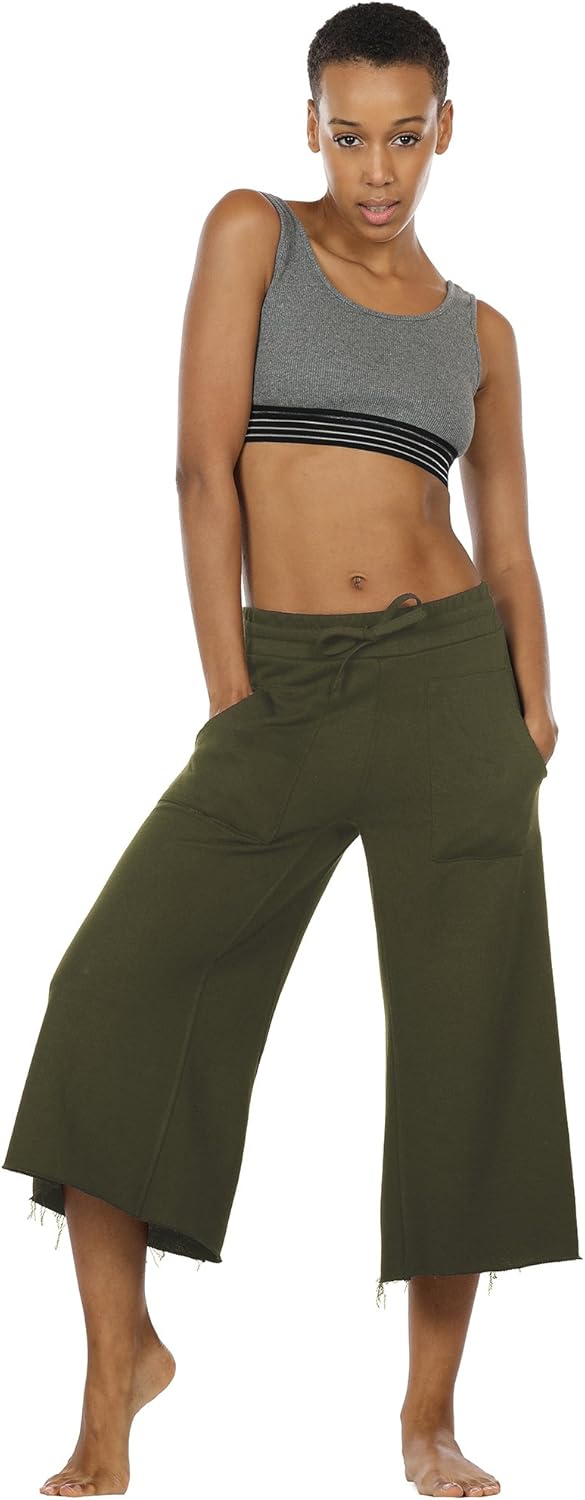 icyzone Culottes Capri Pants for Women - Elastic Waist Wide Leg Joggers Casual Lounge Cotton Sweatpants with Pockets: Clothing