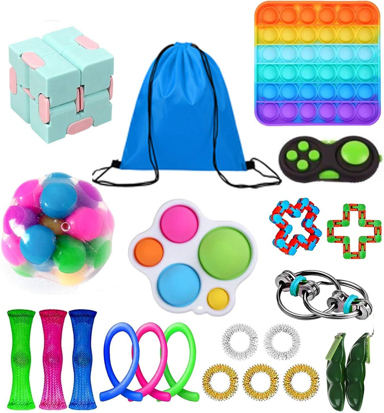 Huibao Fidget Toys Pack, Cheap Sensory Fidget Toys Packs with Simple Dimple, Fidget Toy Set with Stress Balls and Marble Mesh (21pcs)