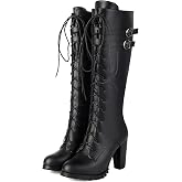 BEAUPAS Women's Knee High Combat Boots Lace Up Block Heel, Black, 8 | Chunky, Side Buckle, Platform Sole, Faux Leather, Tall Shaft