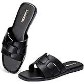 Lookyno Flat Sandals for Women Comfortable Slip On Dressy Summer Leather Slides with Square Open Toe