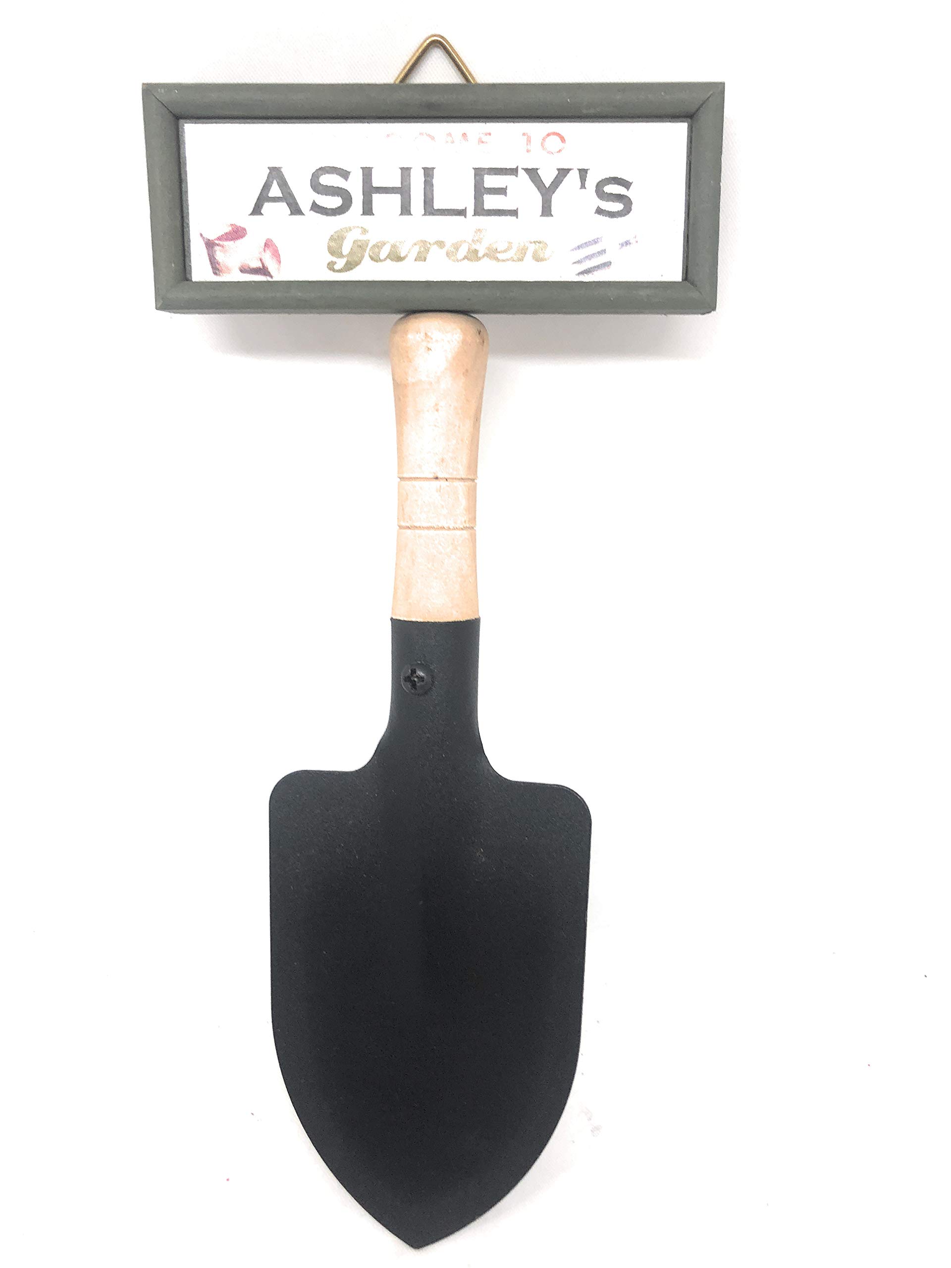 "Welcome to Ashley's garden" hanging shovel sign