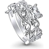 BERRICLE Sterling Silver CZ Solitaire Vine Leaf Wedding Engagement Promise Rings Set for Women, Stackable Cubic Zirconia Band Ring 1-3 Piece Set - Princess, Round Cut