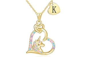 C-leen Stocking Stuffers for Teen Girls Kids, 14K Gold Plated Colorful CZ Heart Initial Pendant Unicorn Necklaces Christmas Gifts for Grandkids Girls Kids