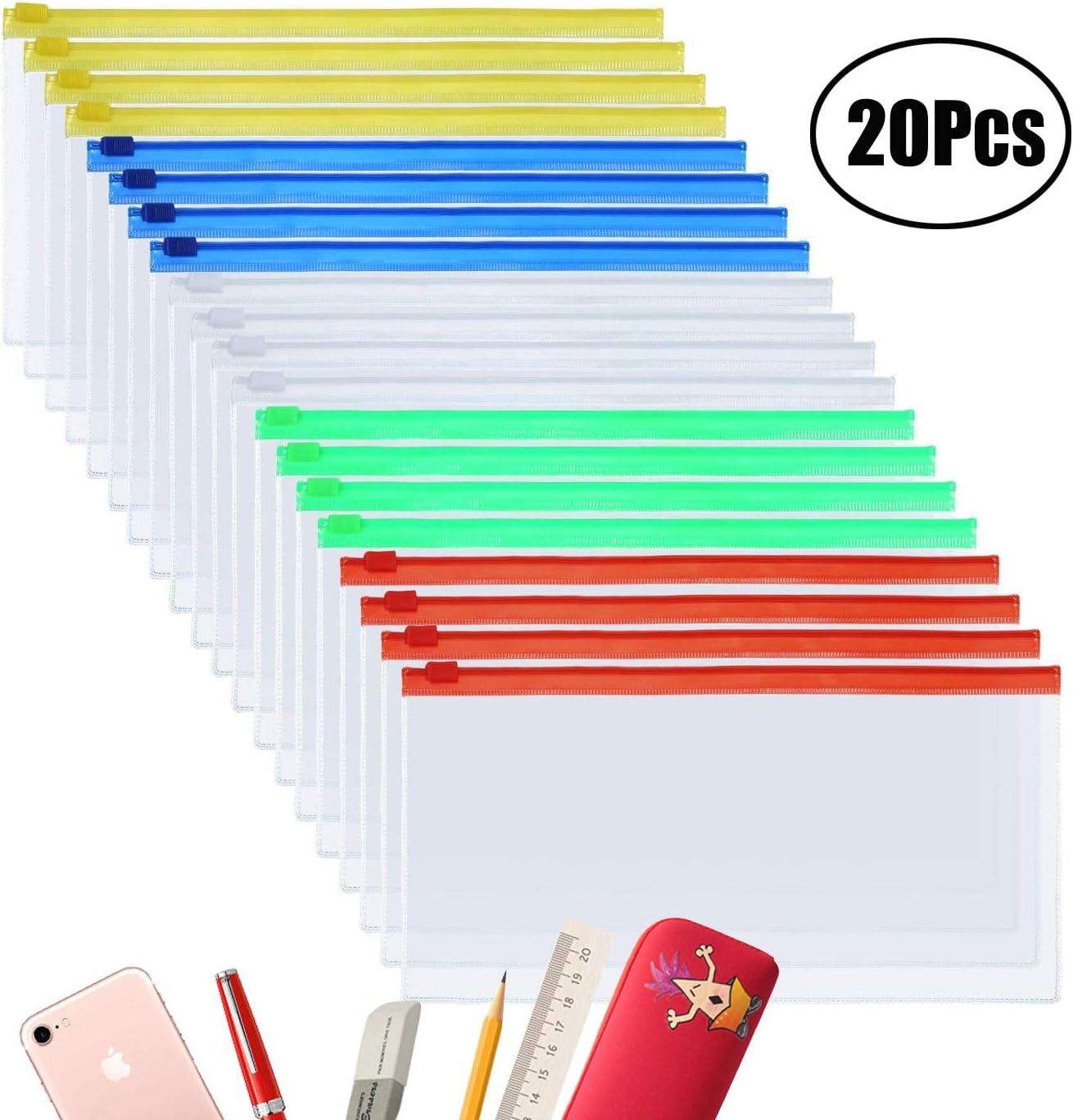 20 Pieces Plastic Transparent Poly Zipper Envelope File Folders Zipper
