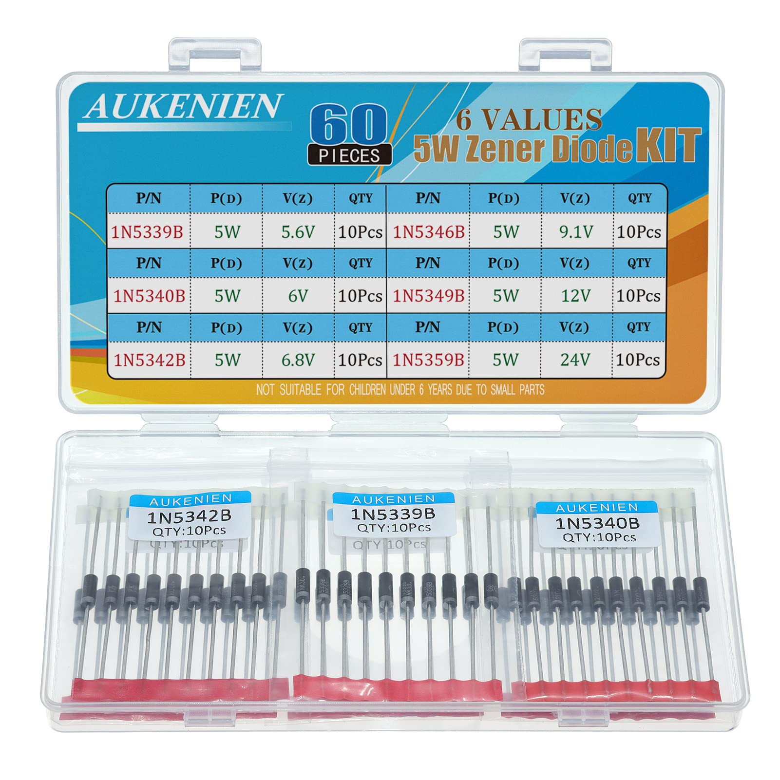 AUKENIEN 5W Zener Diode Kit 6 Values 60pcs 1N5339B 5.6V 1N5340B 6V 1N5342B 6.8V 1N5346B 9.1V 1N5349B 12V 1N5359B 24V 5 Watt Zener Diodes Diodos Assortment Set