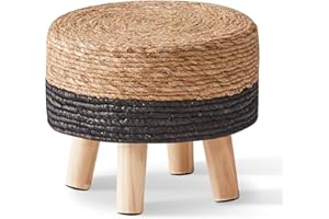 Cpintltr Ottoman Natural Seagrass Footrest Poufs Hand Weave Round Foot Stool for Couch Desk Soft Step Stool Padded Foot Rest with Pine Legs for Living Room Bedroom Natural/Black
