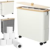MIKESIER Bamboo Toilet Paper Storage with Lid and Wheels, Bathroom Toilet Storage Basket with Handle, Paper Storage Basket Holder for up to 9 Rolls, Beige, 1 Pack