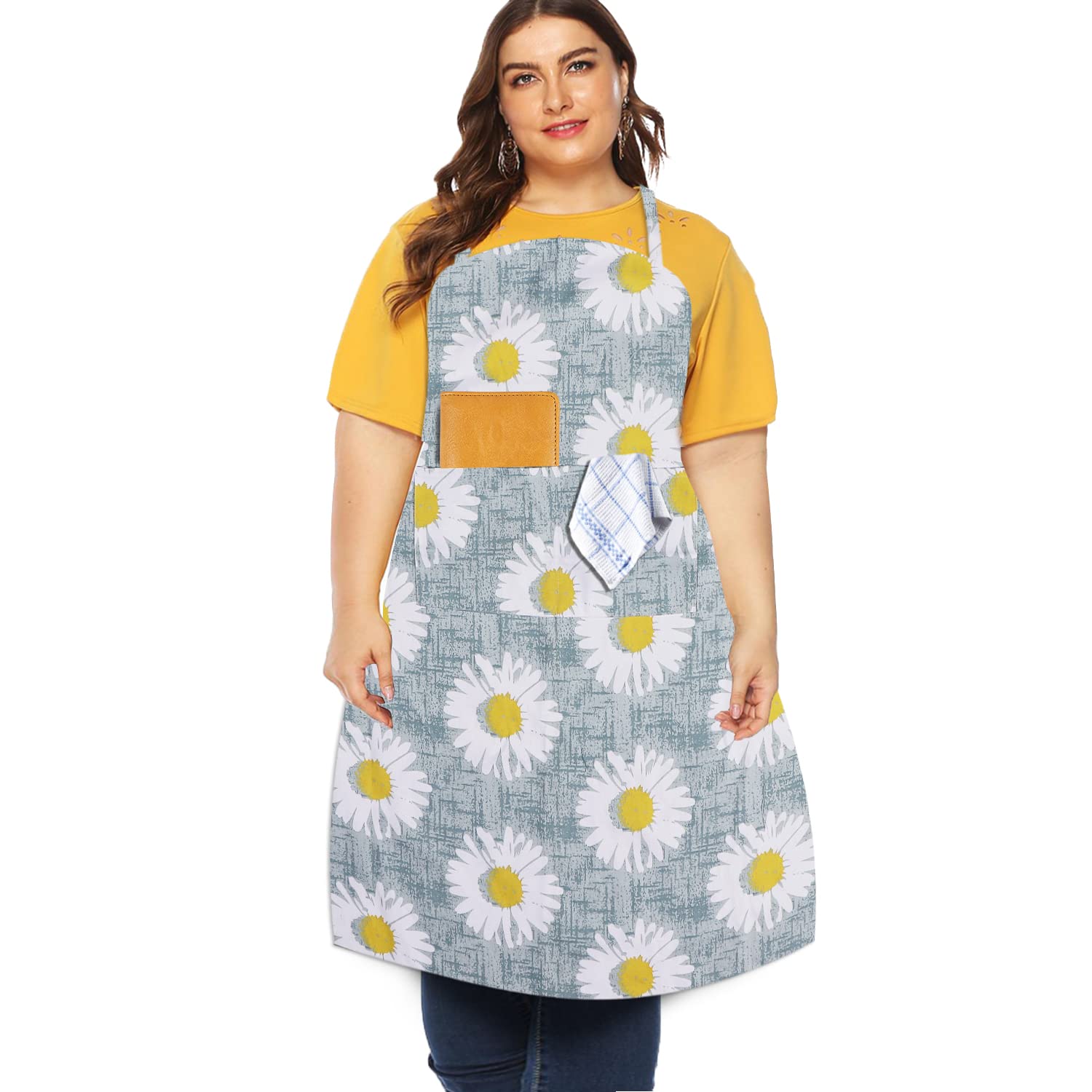 Sanlykate Extra Large Canvas Cotton Apron for Men & Women, Plus Size Durable Aprons with 2 Pockets, Adjustable Bib Machine Washable Oversized Aprons for Baking, Cooking, Painting - Sunflower